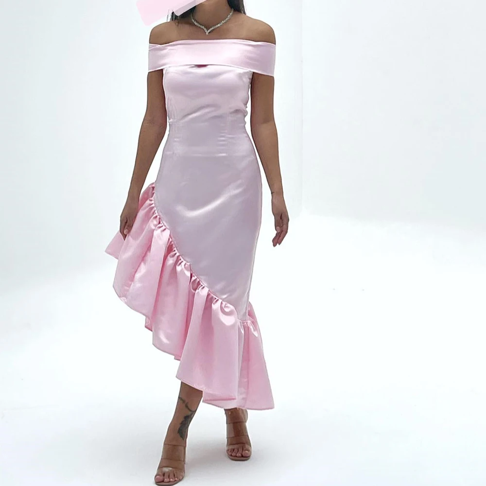 

Modern Asymmetrical Ankle Length Strapless Satin Off the Shoulder Evening Dress High Quality Photo Color vestidos de fiesta