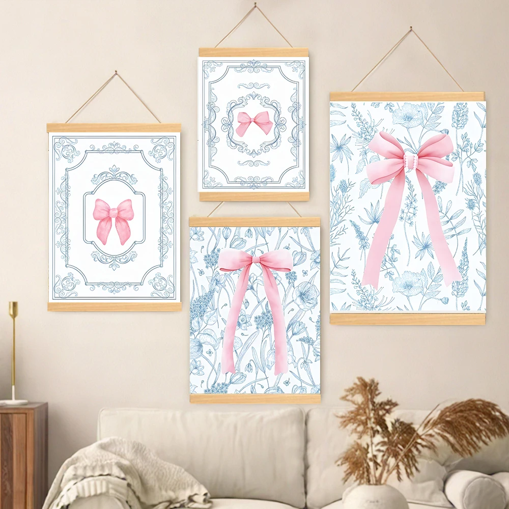 Coquette Preppy Chinoiserie Art Prints,Preppy Solid Wood Wall Decor, Trendy Floral & Pink Bow Poster, Grandmillennial Home Decor