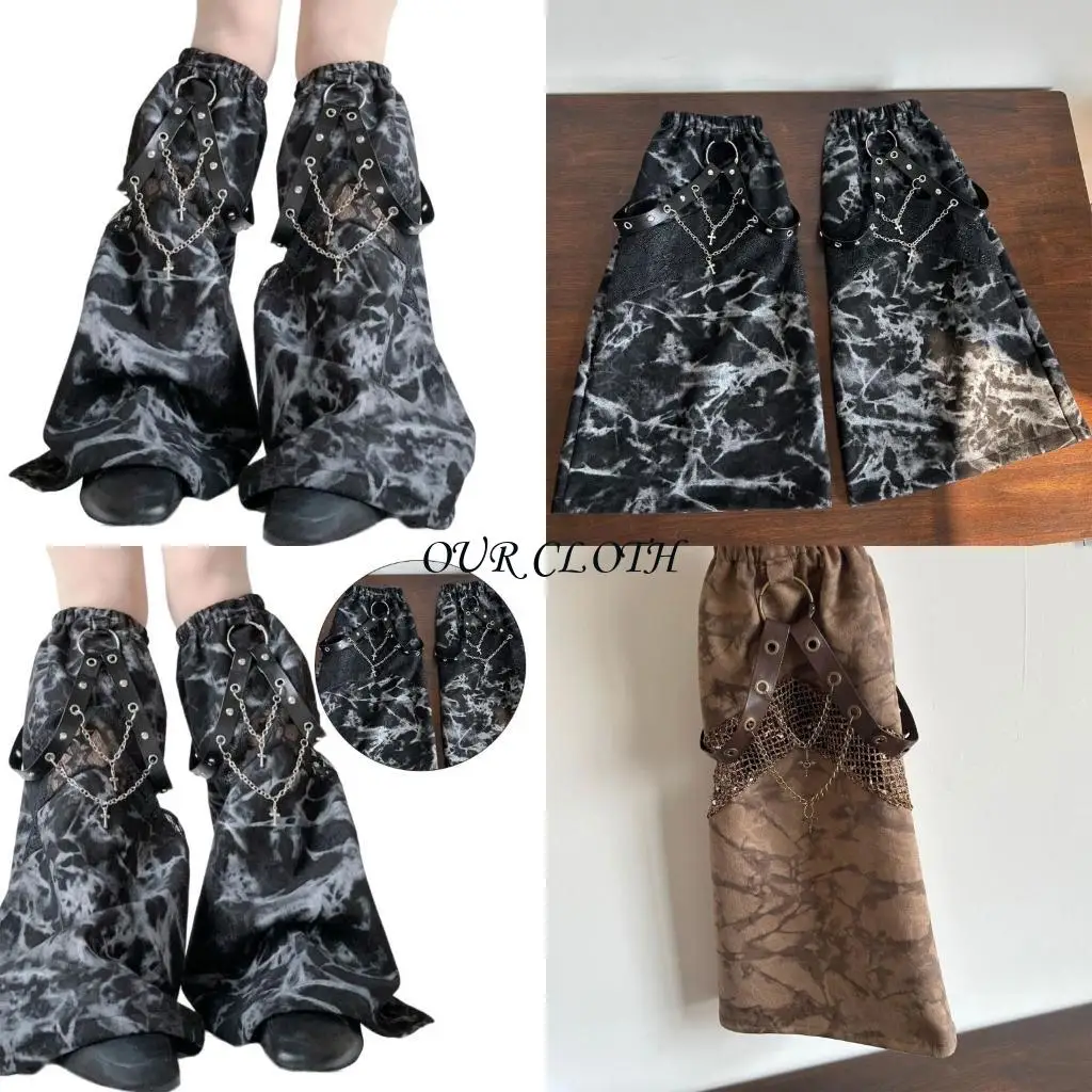 

Women's Mesh Splicing Tie Dye Leg Warmers Punk Eyelets PU Leather Strap Chain Flared Baggy Boot Covers Socks Streetwear Y1AC