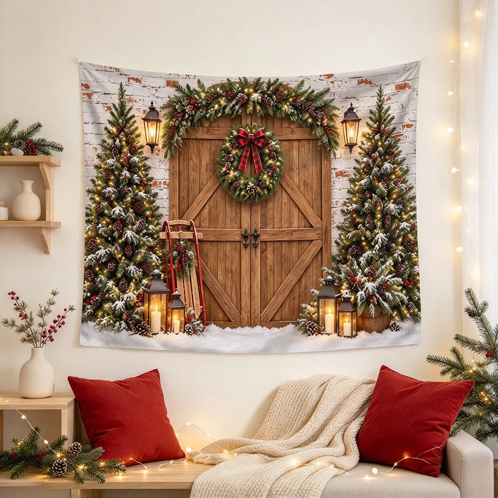 1PCS Tapestry, Wooden Barn Door Wreath Garland Lanterns Tree Sled Scene, Holiday Party Decoration for Home Studio Wall