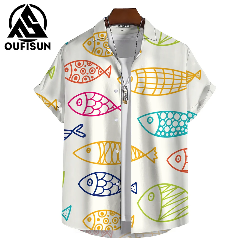 Camisa estampada de verano para hombre, estampado 3D de dibujos animados, estampado de peces, vacaciones en la playa, uso diario, camisa de manga corta para hombre, Top de gran tamaño