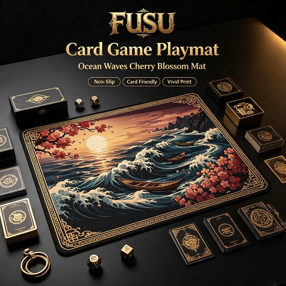 Japanese Ocean Wave Sunset Cherry Blossom Boat Playmat Ukiyo‑e Style Golden Border Anti‑Slip Rubber Table Mat TCG Trading Card