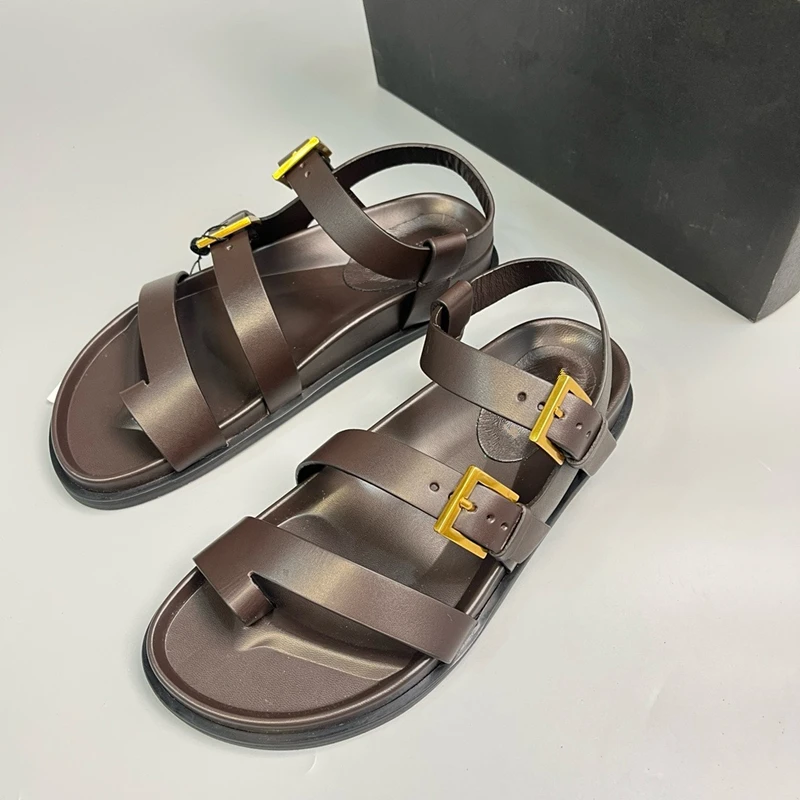 Maxdutti Summer Strap Sandals Girls Roman Retro Genuine Leather Nordic Minimalist Brown Cowhide Sandals