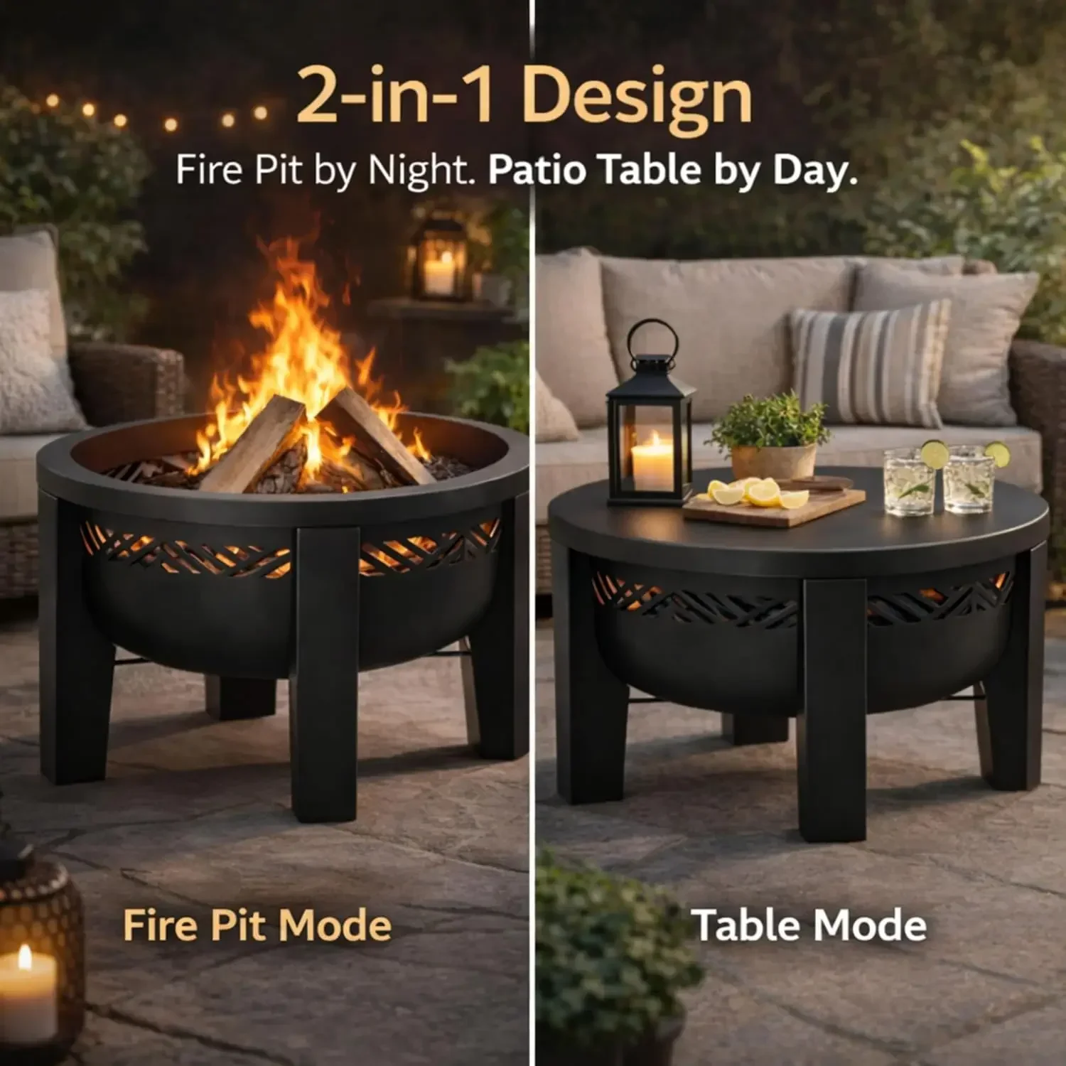 US Shipping Fire Chief Wood Burning Fire Pit with Tabletop Lid, 26 Inch Outdoor Fire Pit Table for Patio, Deck and Backyard, Hea