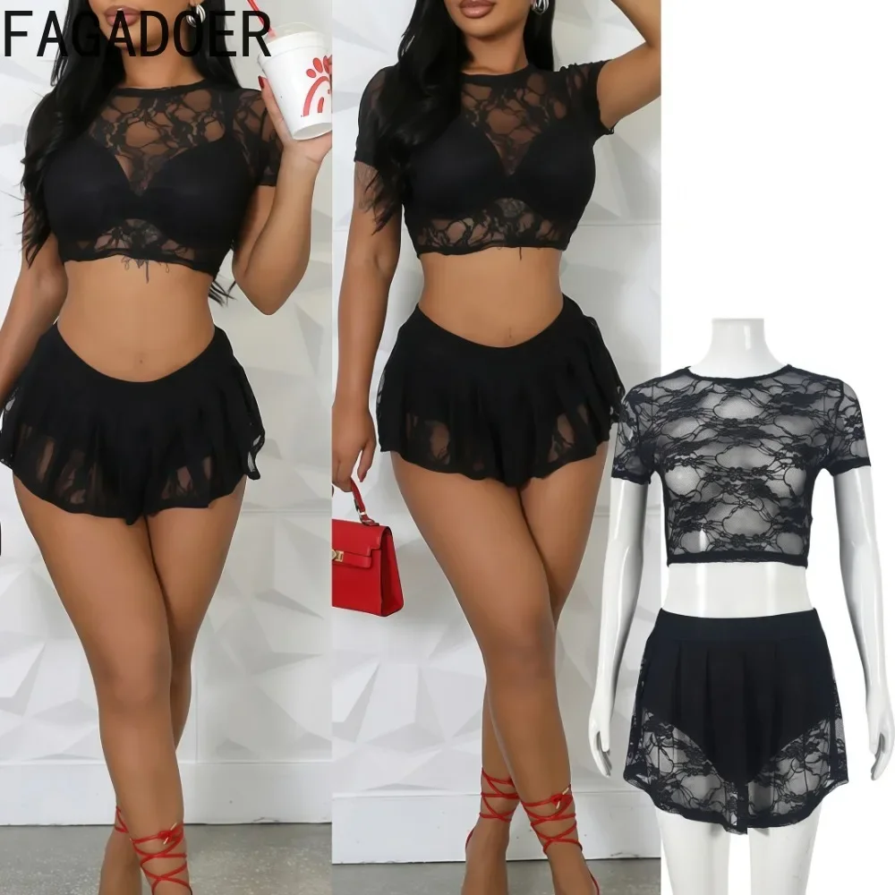 

FAGADOER Sexy Y2k Lace Women 2 Piece Set Outfit Black See Through Crop Top and Mini Skirts Suit Hot Girl Streetwear Spring New