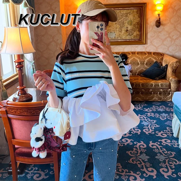 Contrasting Striped Tees Ruffle Edge Round Neck Tee Fashion Women's Short-sleeved T-shirts Summer Japanese Style Casual Top