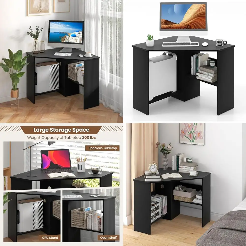 

Space-Saving Corner Desk with Shelves and CPU Stand, 33.5 Black Makeup Table with Storage for Small Spaces