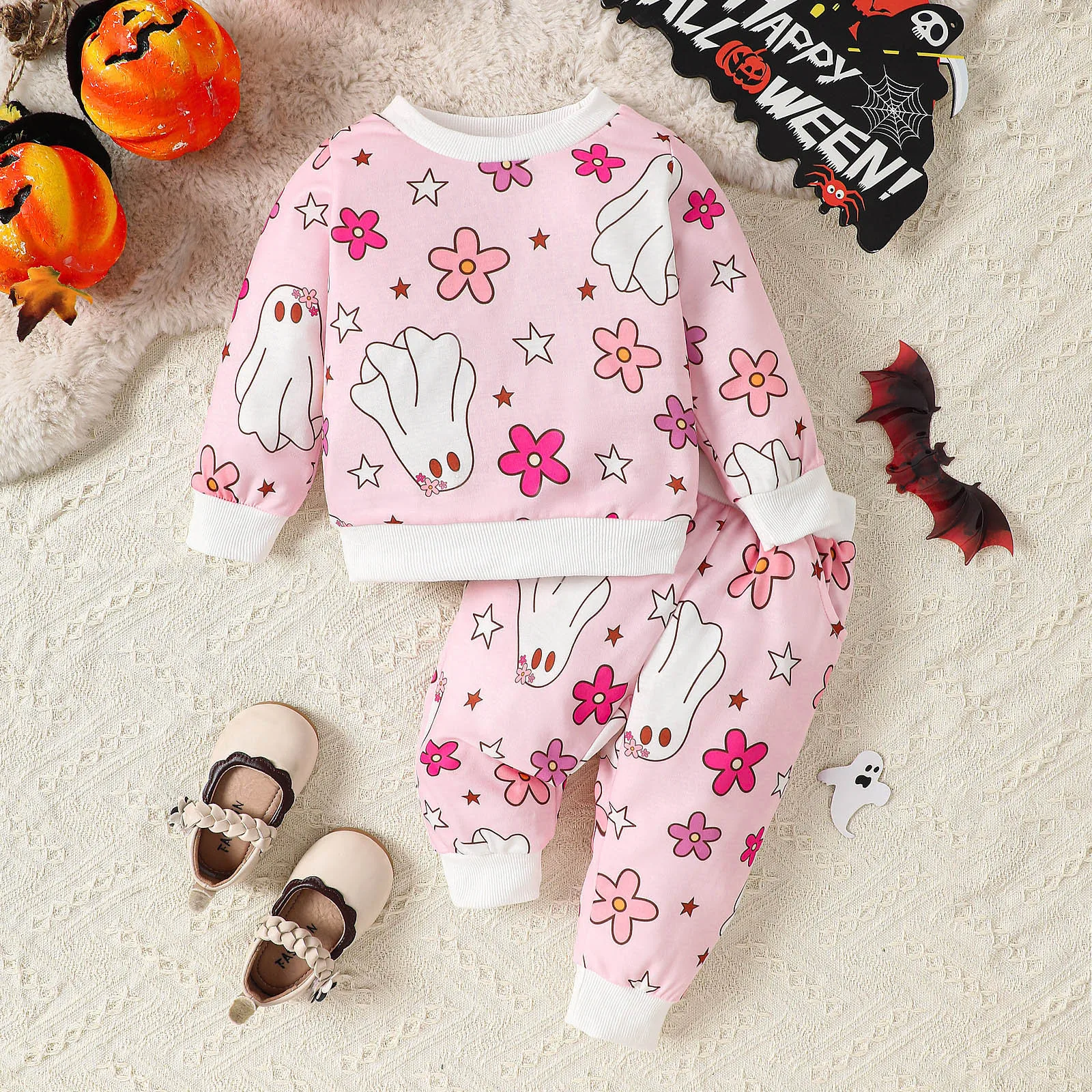 

1-3Y Cute Baby Girls Boys Clothes Sets Halloween Soft Warm Clothes Cartoon Ghost Print Ruffles Long Sleeve Sweatshirt Tops+Pant