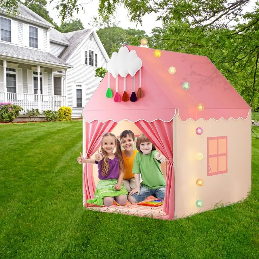 Kinderspeeltent met mat, wolken- en balverlichting Groot speelhuisje voor kinderen en meisjes Prinsessenkasteeltent voor bed Binnenversterker Ou
