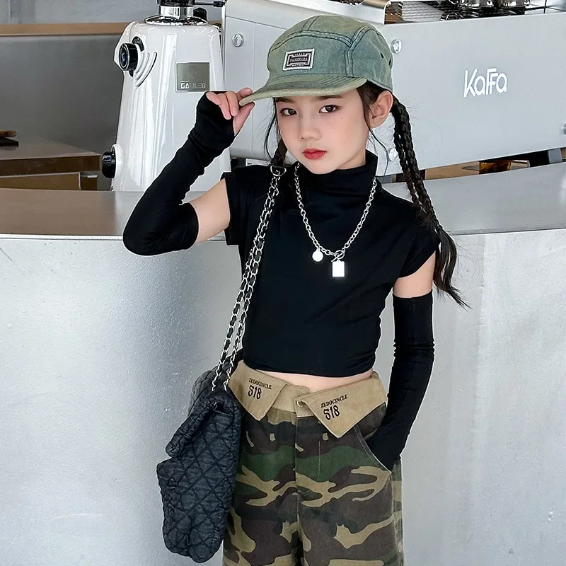 teenage girls jazz dance tshirt costumes long sleeve catwalk kids clothes hip hop streetwear black t shirt crop top 6 to 16 year