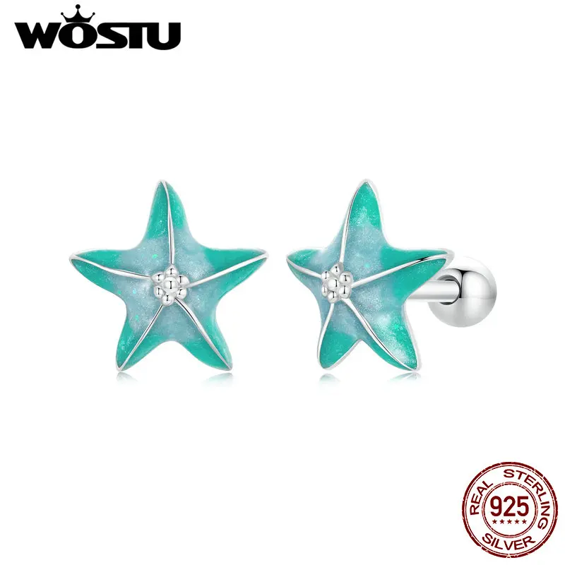 WOSTU 925 Sterling Silver Mini Blue Green Starfish Stud Earrings For Women Ocean Jewelry Studs Earring Girl Birthday Party Gift