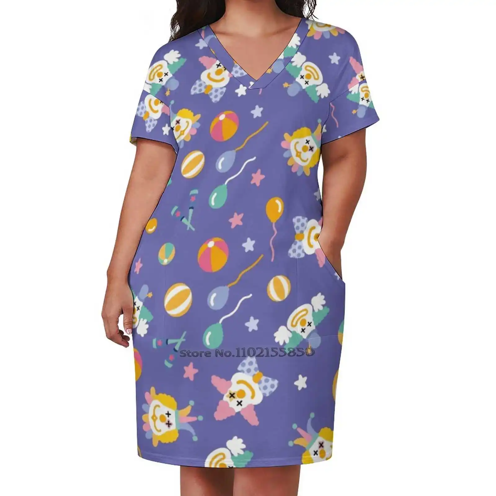 Circus Clown Loose Pocket Dress Summer Sexy V Neck Dress Print Short Sleeve Dress Original Clown Circus Cute Fun Funny Vibrant