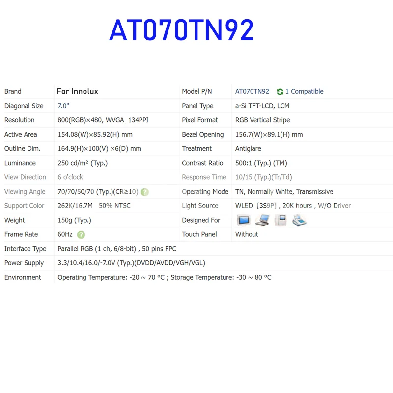 Painel de exibição LCD para Innolux, AT070TN92, 7.0 ", 100% testado, novo