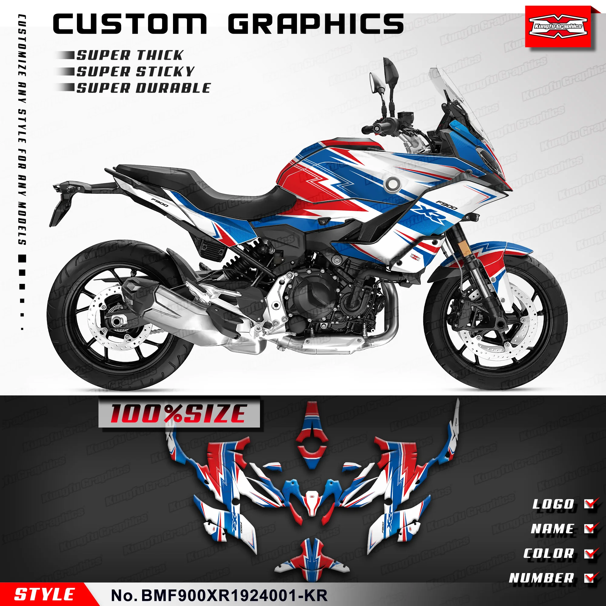 KUNGFU GRAPHICS Custom Motorcycle Sticker Decal Kit for BMW F900XR 2019 2020 2021 2022 2023 2024, BMF900XR1924001-KR