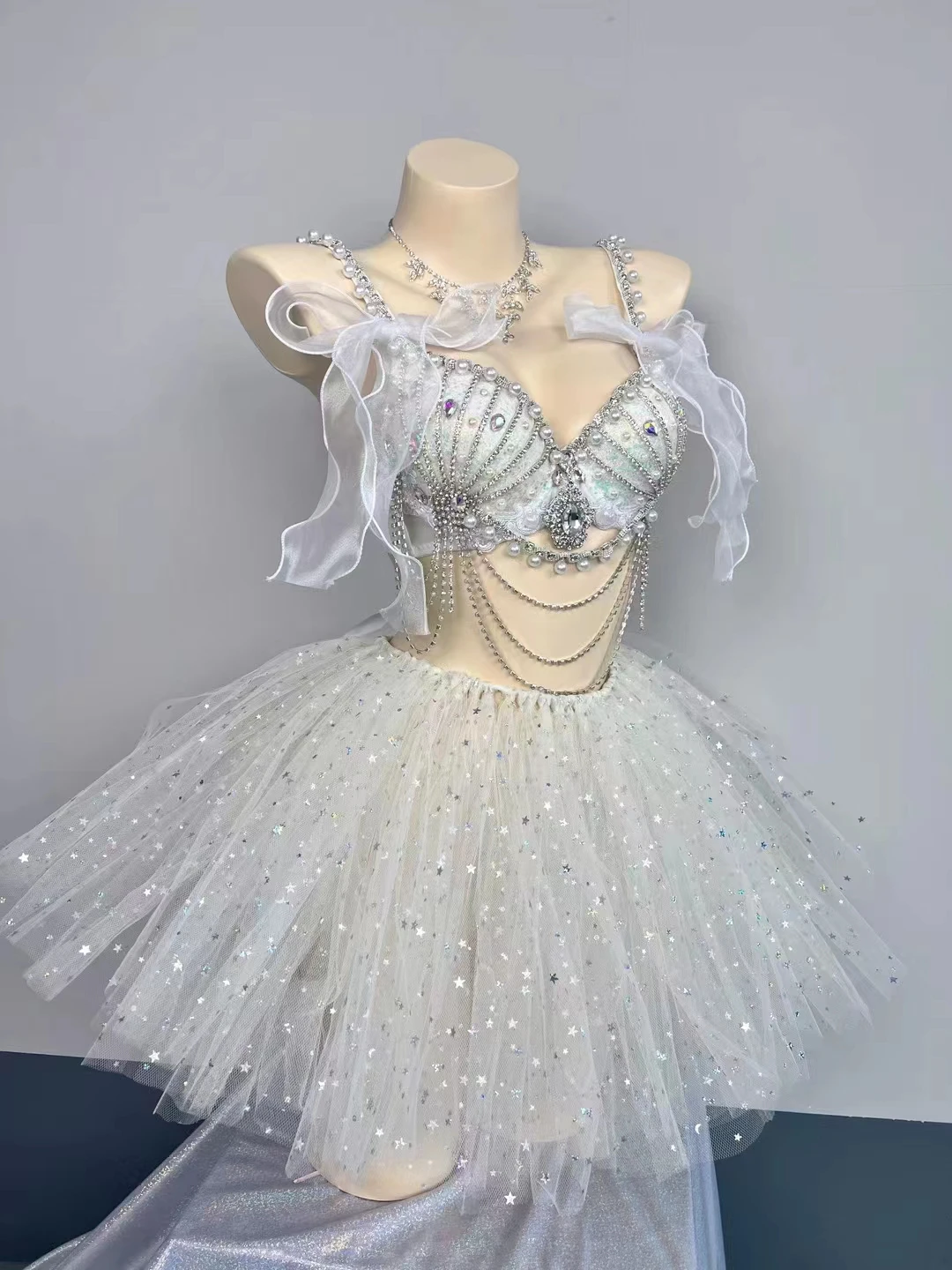 Fantasy Mermaid Rhinestones Pearl Shell Bikini Top Gauze Tutu Skirt Performance Clothes Music Festival Stage Disco Dance Costume