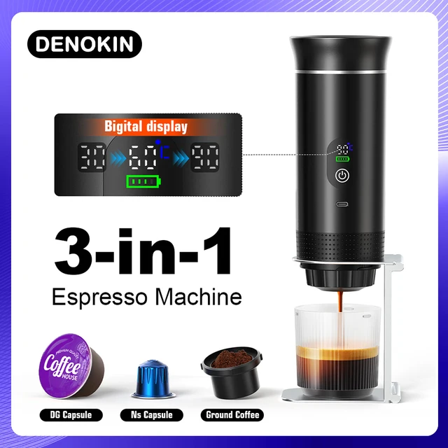 Machine à café expresso portable sans fil DENOKIN pour voiture et camping, réservoir d'eau de 80 ml, affichage numérique, machine à café de voyage 3 en 1 pour capsules et poudres 1