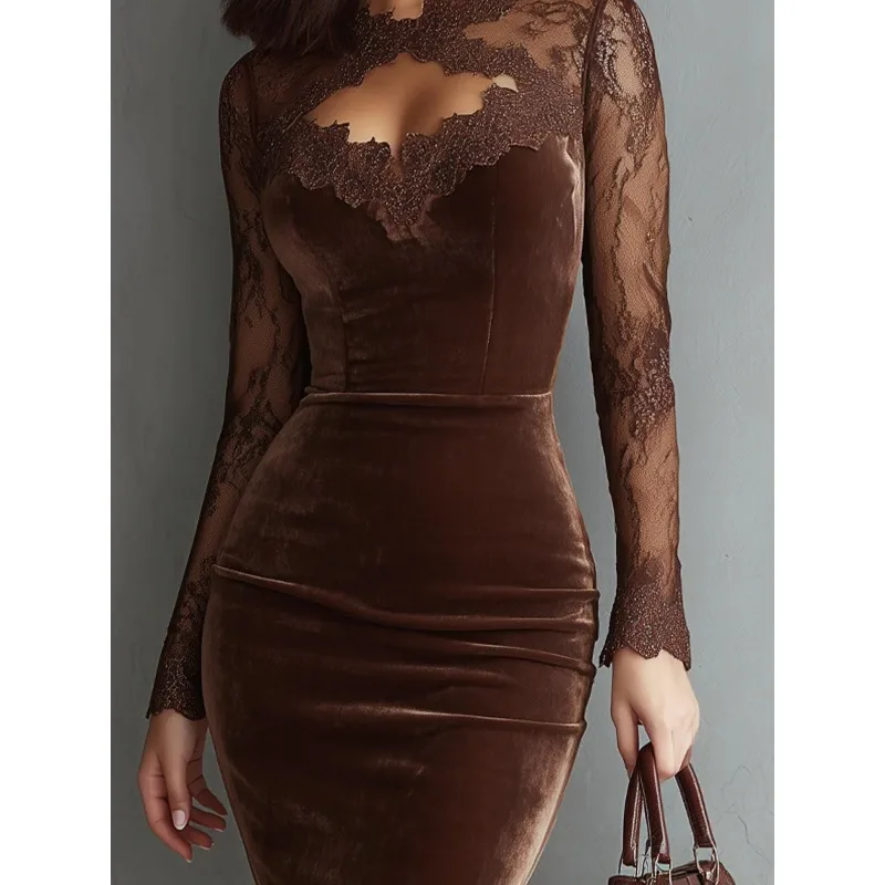 Lente Herfst Dames Fluwelen Midi-jurken Kant Mesh Patchwork Lange mouwen Bodycon V-hals Retro Westerse Cowgirl-stijl Feestjurk