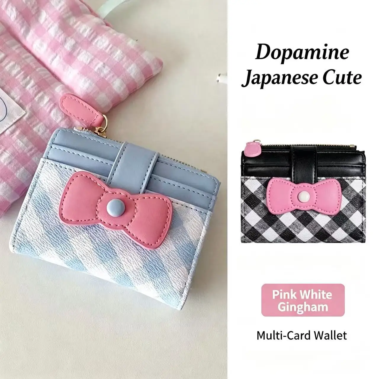 Korean Instagram Retro Dopamine Japanese Cute Girl Heart Bow Pink and White Grid Bow Wallet Multi Card Card Bag Zero Wallet Gift
