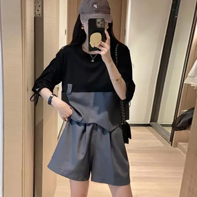

Nice Ladies Fashionable Patchwork O-neck Short Sleeve Short Sets Summer Casual Lacing Elastic Waist Oversized Two-piece Suit Wom