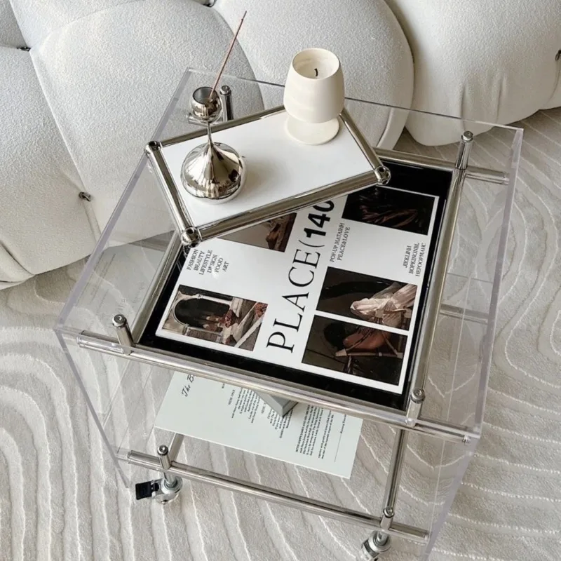 

Transparent acrylic trolley coffee table living room storage mobile bedside table stainless steel rack