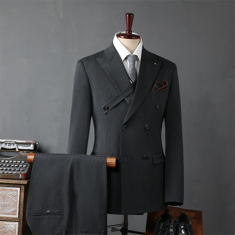 

Men's Double-breasted Suit (Jacket+Vest+Pants) Set Solid Color Slim Formal Groom Wedding Casual Business Stage Tuxedo Blazer