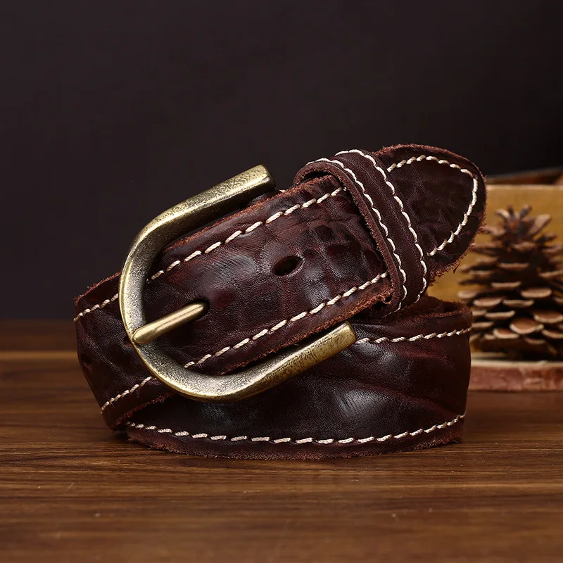 Men's Thickened Personalized Trendy Retro Coarse Pattern Double Line Belts Male Genuine Leather Cowhide Tree Pattern Jeans Belt