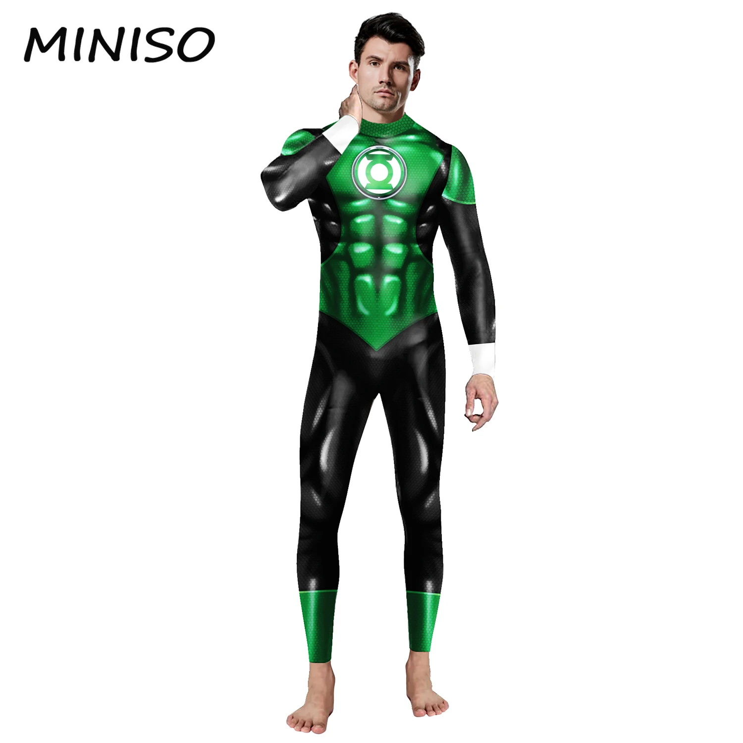 MINISO ภาพยนตร์ Flash คอสเพลย์เครื่องแต่งกายสําหรับ Man Jumpsuit Halloween Party Dress Up คอสเพลย์โคมไฟสีเขียวเสื้อผ้า Zentai บอดี้สูท