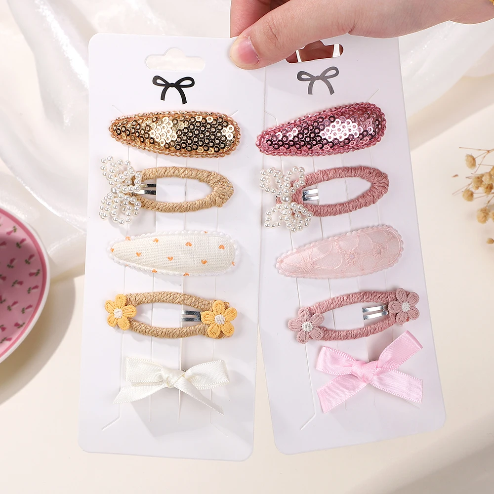 BABY BOWS 5Pcs Sweet Sequin BB Hairclip Embroidered Pearl Handmade Hairgripes for Girls Hair Accessories Ribbon Barrette Set