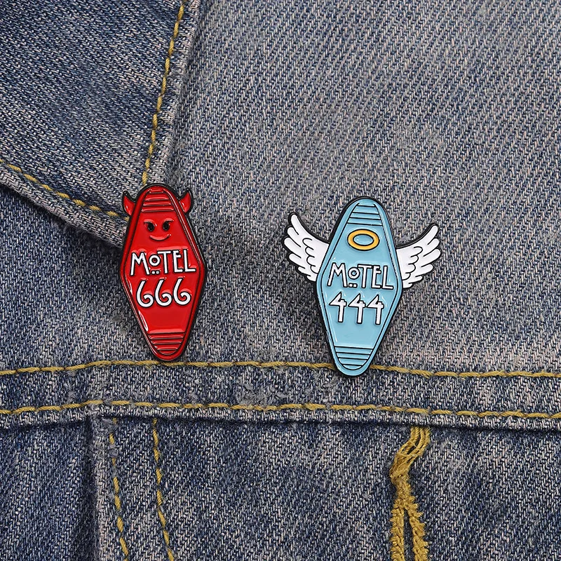 Cartoon motel house number series badges, devil angel shaped alloy pins, accessories for clothing and bags, gifts for friends
