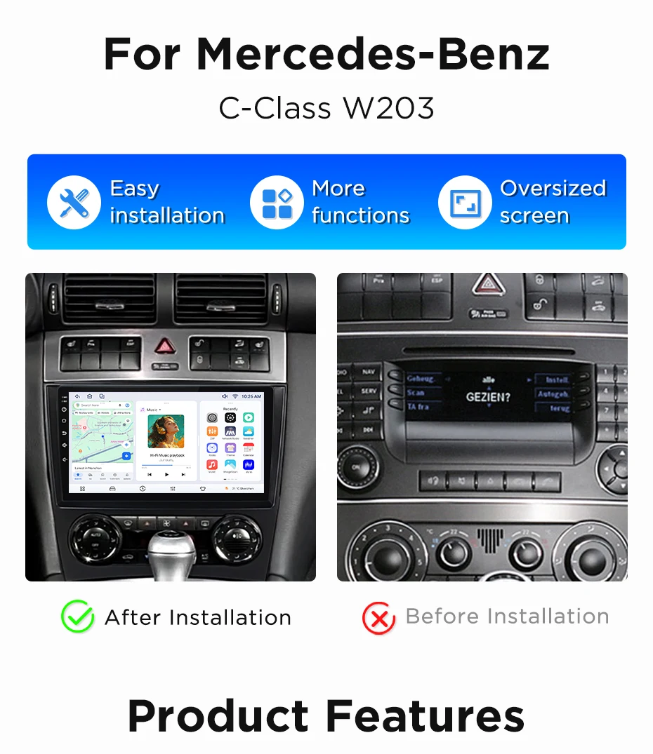 Junsun Wireless CarPlay Android Auto Autoradio für Mercedes-Benz C-Klasse W203 Auto-Intelligentes System DSP SWC RDS GPS FM BT – Detail 4