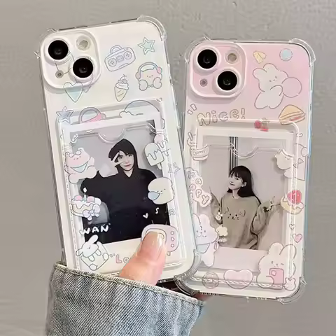Cute Rabbit Bear Card Slot Bag Wallet Love Case For Samsung Galaxy A55 A35 A34 S24 Ultra S23 S22 A54 A53 A32 Cover Funda Clear
