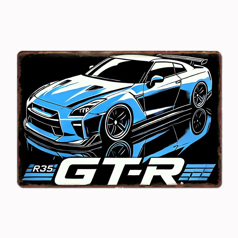 

GT-R R35 Blue Photographic Metal Poster Sign Club Mural Wall Art Plaque Tin Room Decoration Home Decor