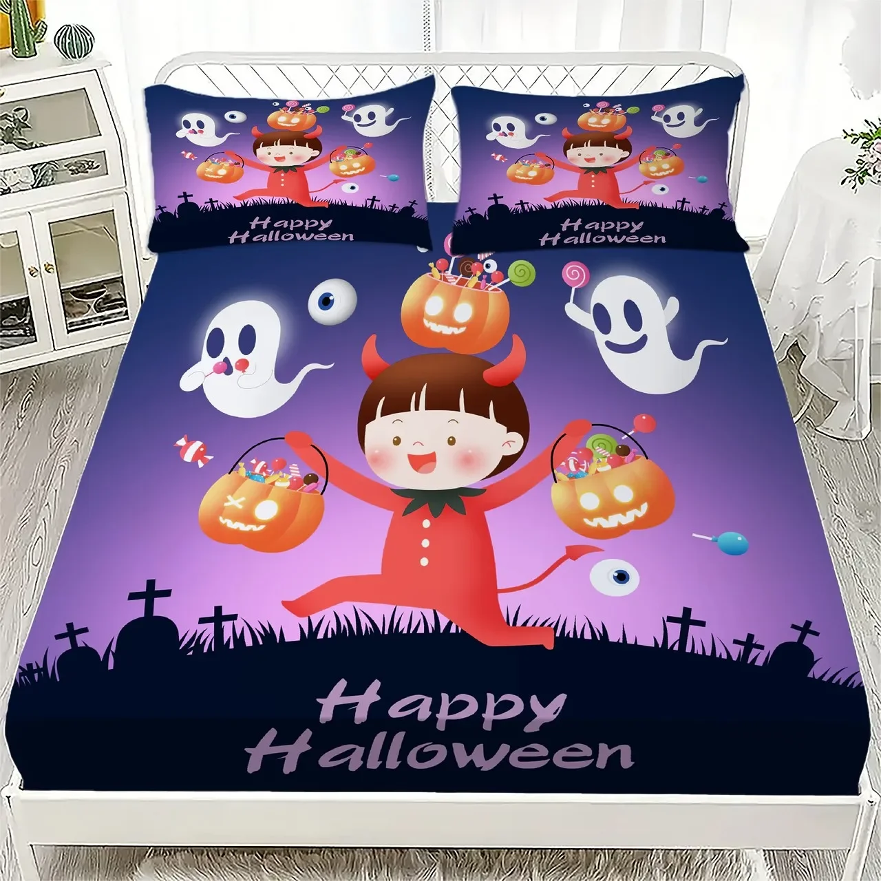 

3 шт., комплект постельного белья на Хэллоуин, украшение на Хэллоуин, простыня с рисунком тыквы, декор для спальни для детей, подарки на Хэллоуин