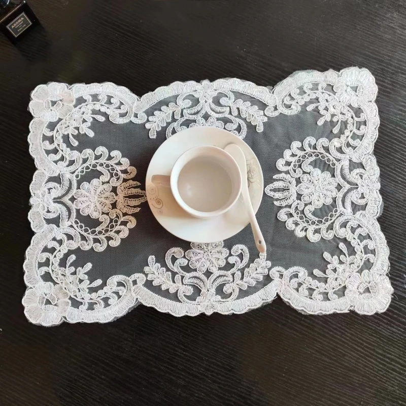 European Classical White Lace Embroidered Rectangular Fruit Dessert Coffee Table Coaster Tea Mat Jewelry Box Antique Cover Cloth