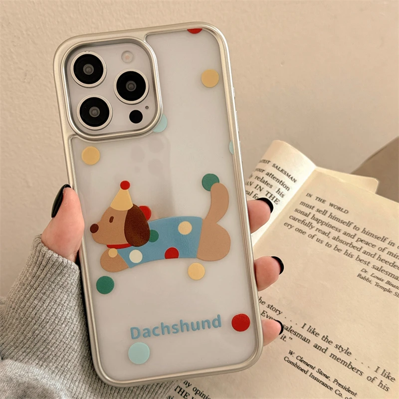 INS Cute Colorful Spots Puppy Phone Case For Iphone 15 12 11 13 Pro Max 14 Plus 3D Puppy Chain Hard Cover