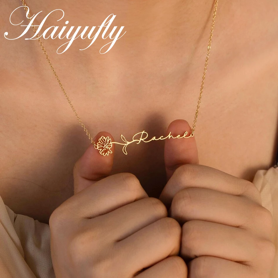 

Haiyufly Custom Name Necklace for Women with Birth Month Flower Stainless Steel Jewelry Personalized Nameplate Choker Chain Gift