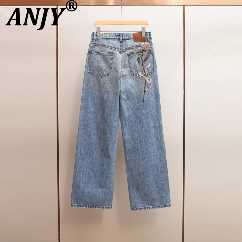 

ANJY Spring Autumn New Women Washed Versatile A-Line Slim Fit Beading Flower Denim Pants Trendy Ins Vintage Fashion Jeans A20597