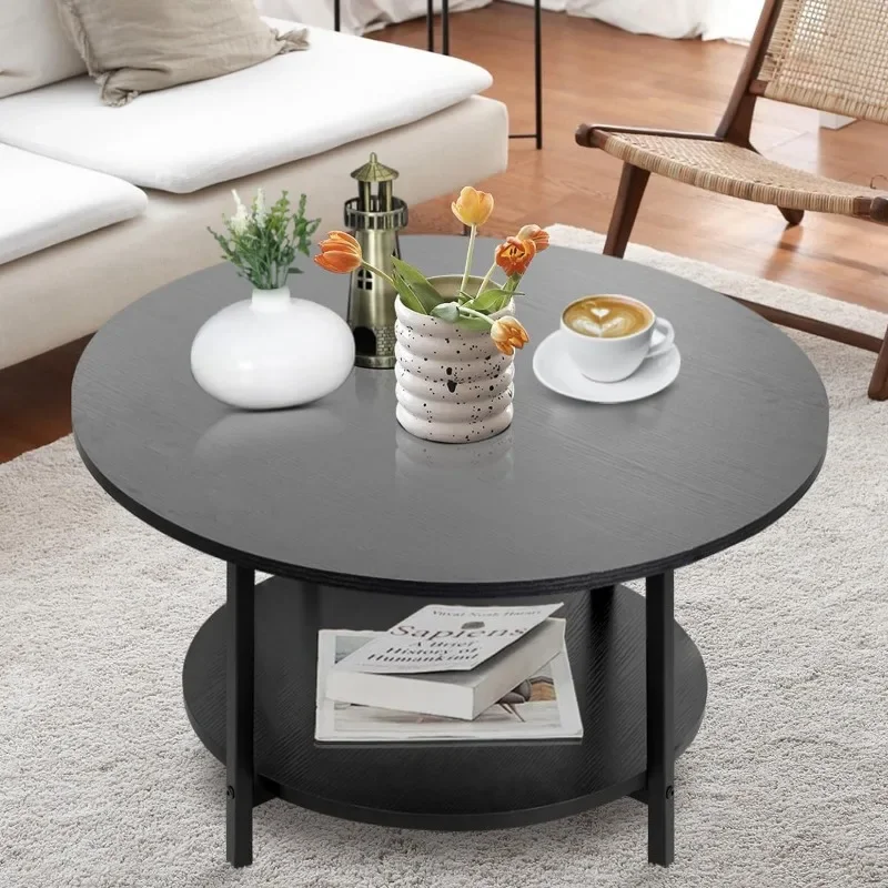 Round Coffee Tables, Wood Desktop Accent Table Sofa Table Tea Table with Storage 2-Tier for Living Room, Office Desk, Balcony