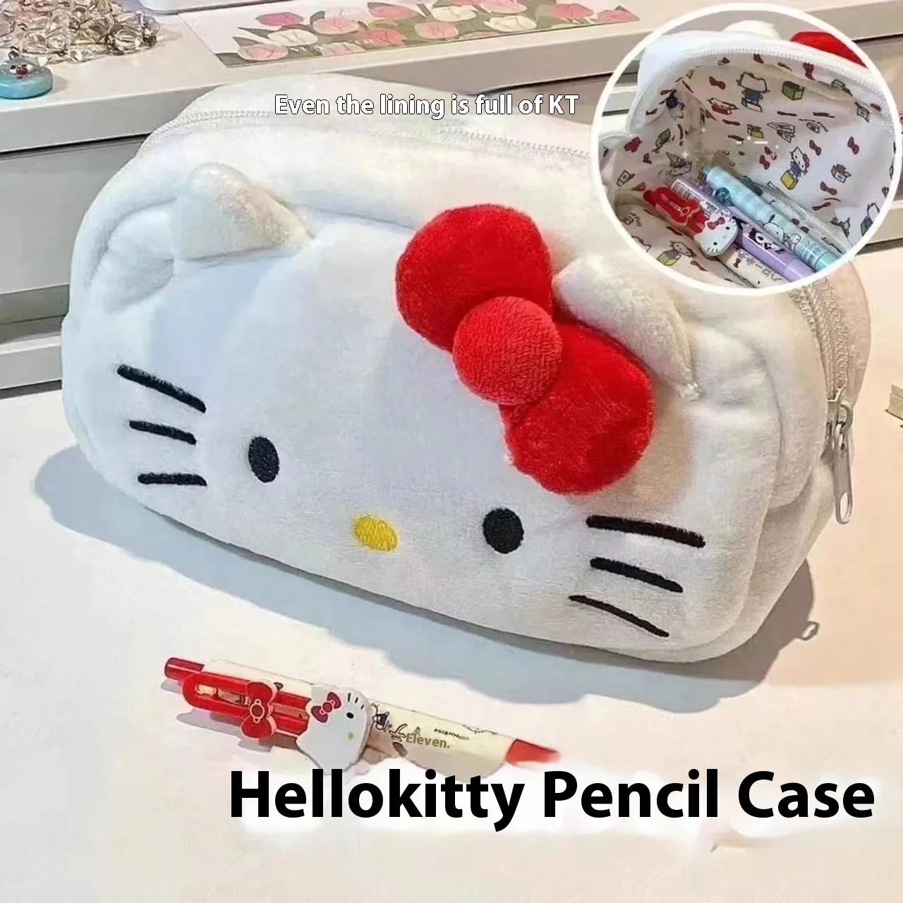 Cute Hello Kitty Plush Pencil Case Student Large Capacity Stationery Bag Party Gifts Kawaii Cute Girls Makeup Storage Bag