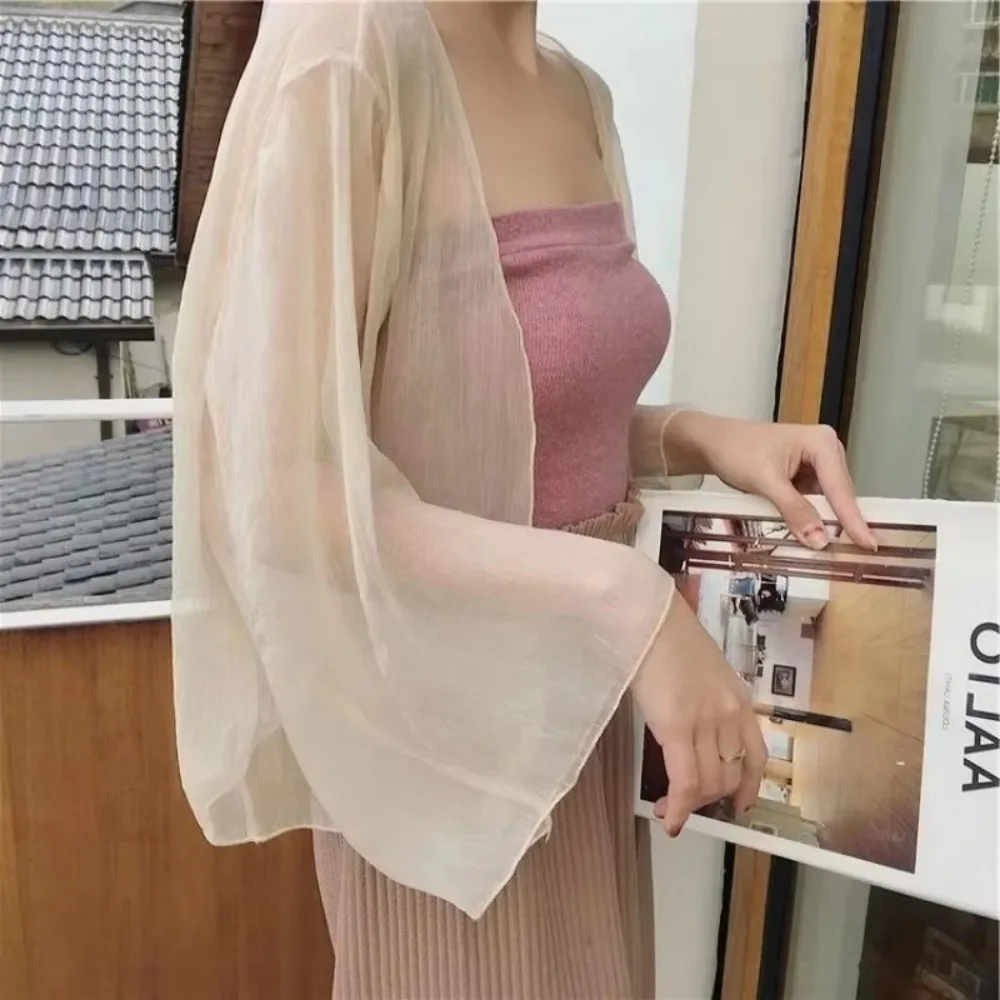 Summer Crinkle Women Cardigan Loose Chiffon Thin Section Top See Through Transparent Short Shawl Small Jacket view 4