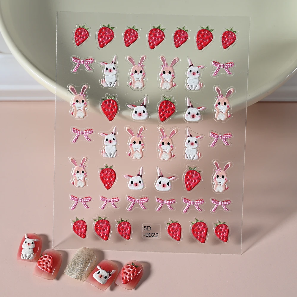 1PCS 5D Cartoon Cute Nail Art Stickers Japanese Sweet Bow/Rabbit/Strawberry Design Nail Slider Decals Girls Diy Manicure Decorat