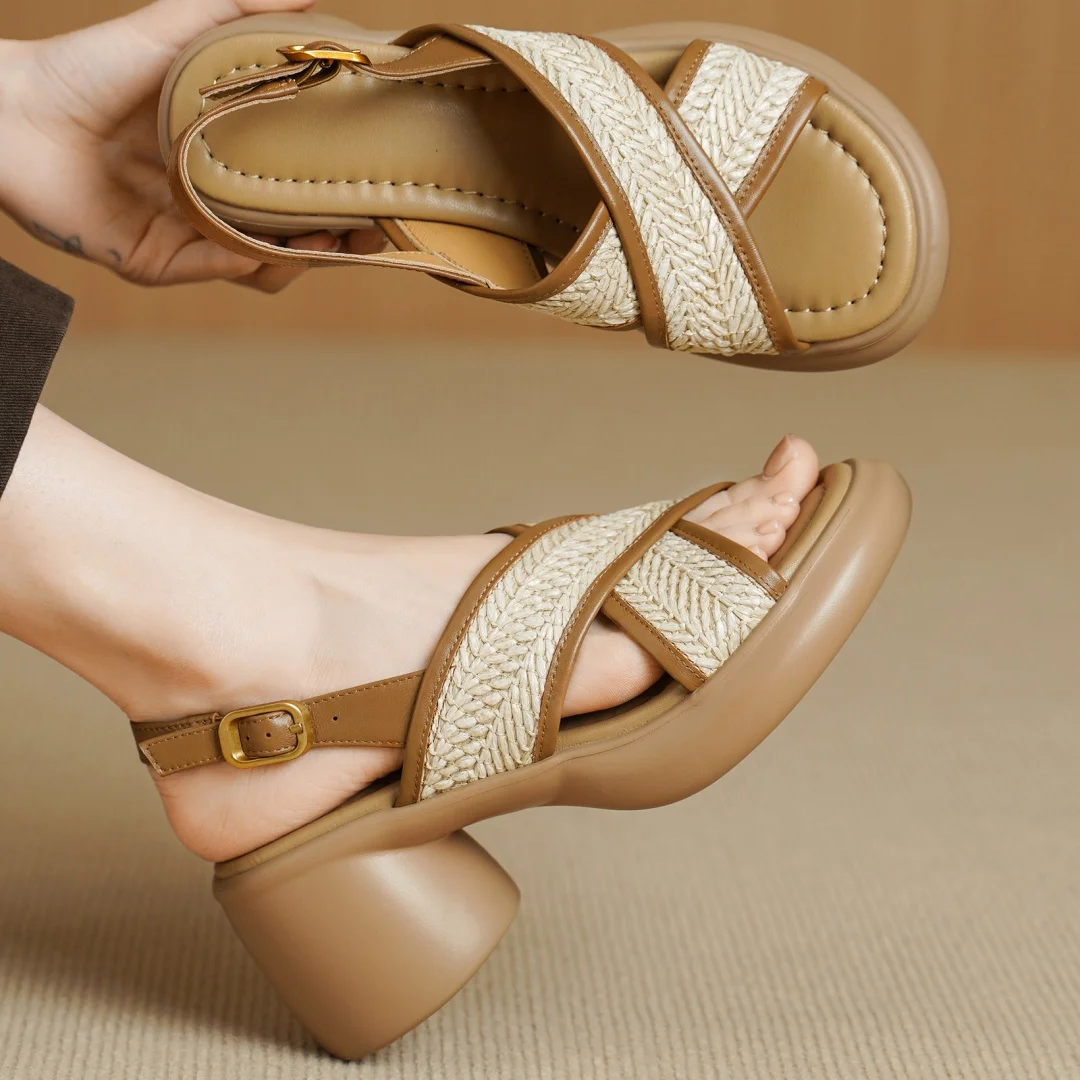 

danxuefei women's genuine leather fabric patchwork narrow band cross strap open toe slingback sandals 7cm chunky heel pumps shoe