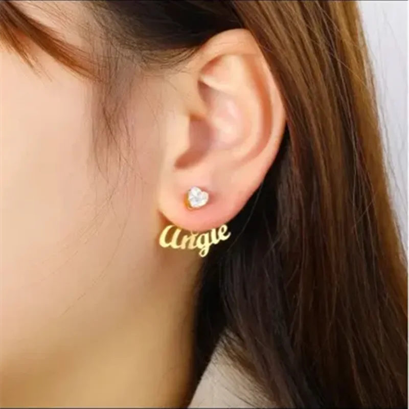 Lulu's Heart Zircon Custom Name Earrings for Girls Fan-shaped Birthday Stone Nameplate Pendant Earrings Studs for Gift