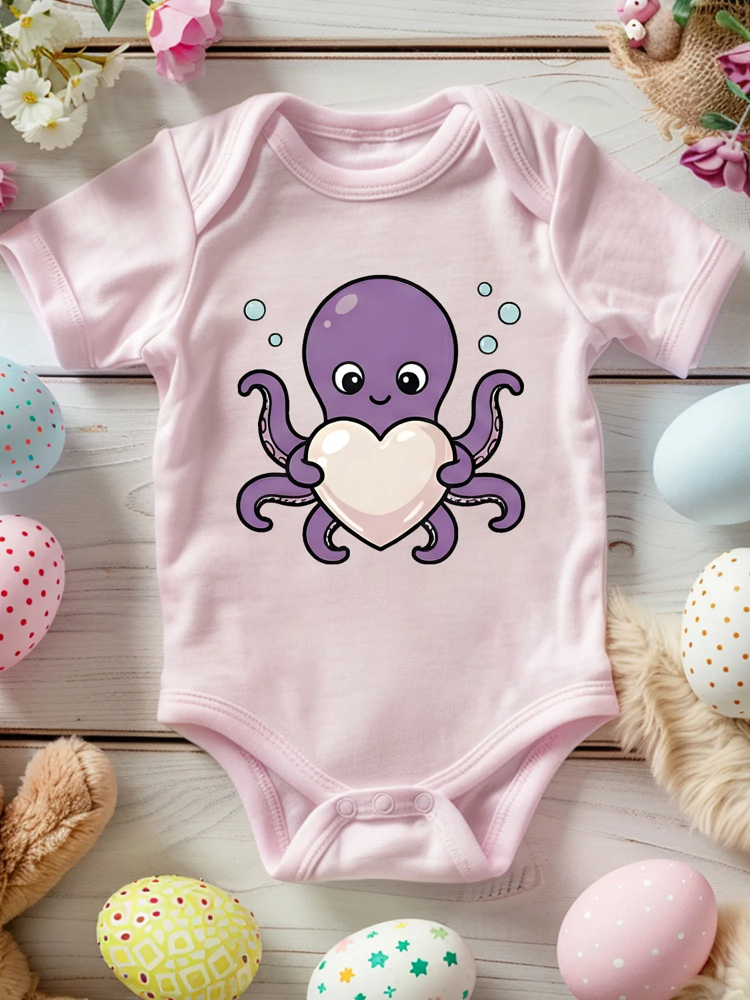 

Фиолетовый осьминог с сердечком, унисекс, детский комбинезон для ползания, мягкий комбинезон из 100% хлопка, всесезонное розовое боди 190GSM