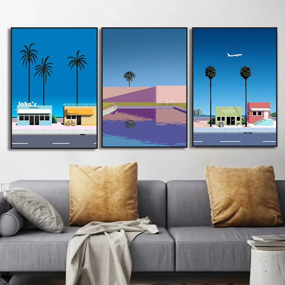 Hiroshi Nagai Palm Springs Sunset Pool Car Print Retro Japanese Pop Poster  Wall Art Canvas Painting Museum Pictures Home Decor