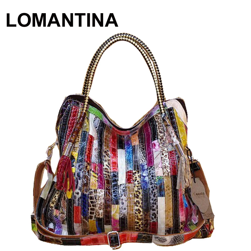 LOMANTINA Genuine Leather Cowhide+Jean Cloth Colorful Plaid Shoulder Purses Portable Casual Female Tassel Tote Ladies Purses