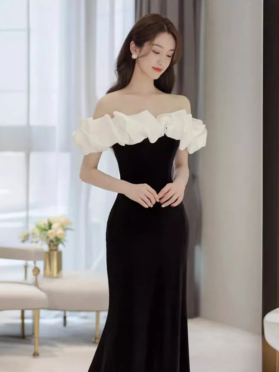 

Элегантное черное вечернее платье-русалка на одно плечо для ведущей/знаменитости, стройнящее, с цветочным декором, средней талией, длинная юбка