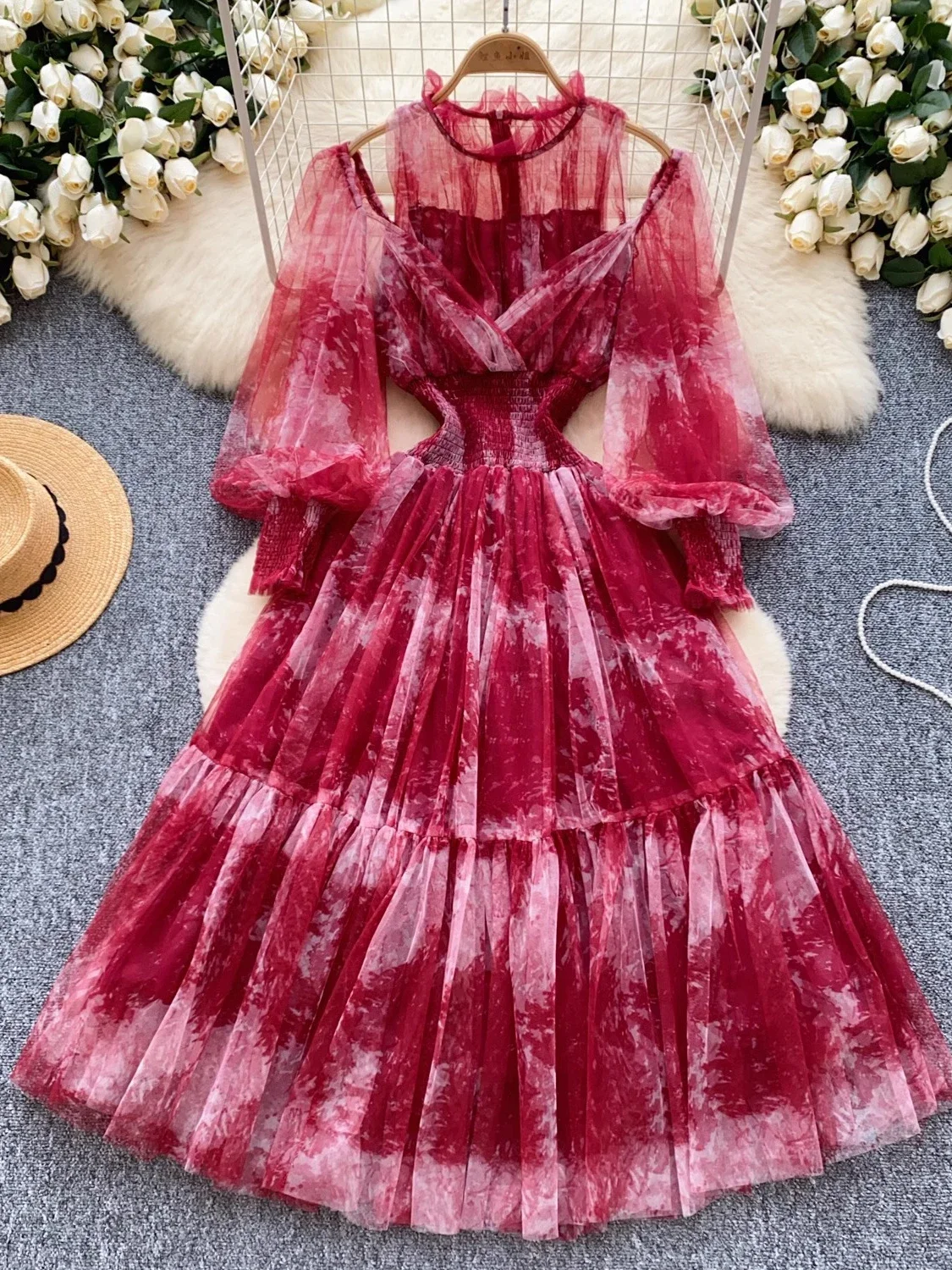 Autumn Women Rose Red/Purple/Red Mesh Dress Vintage Halter Lantern Long Sleeve See-Through A-Line Vestidos Female New Fashion