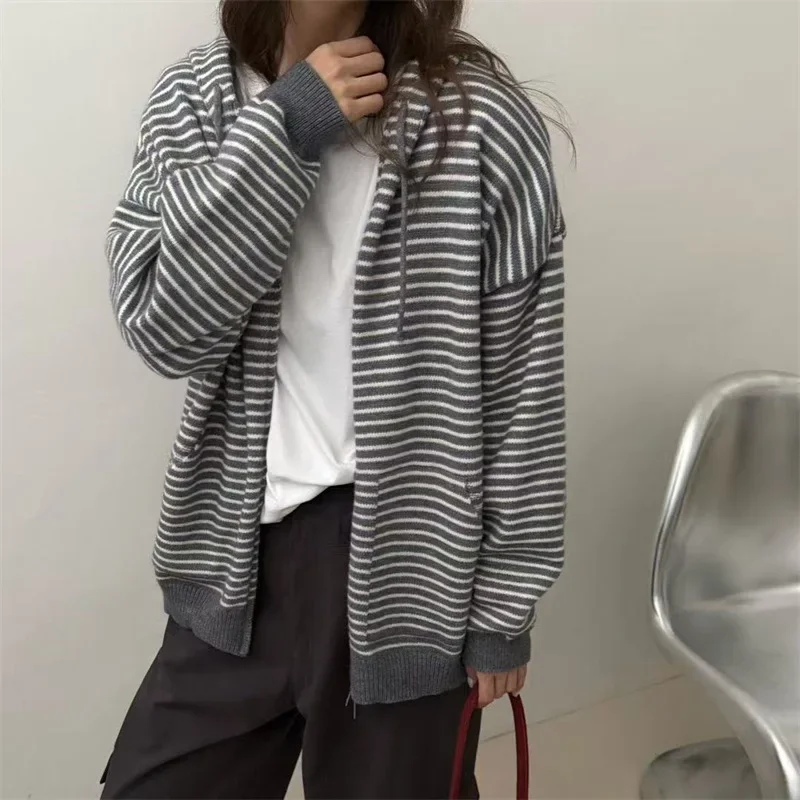 

Loose Casual Autumn Winter New Fashion Knitted Open Cardigan Large Size Zipper Hooded Knitwear Jacket Women's Lazy Style