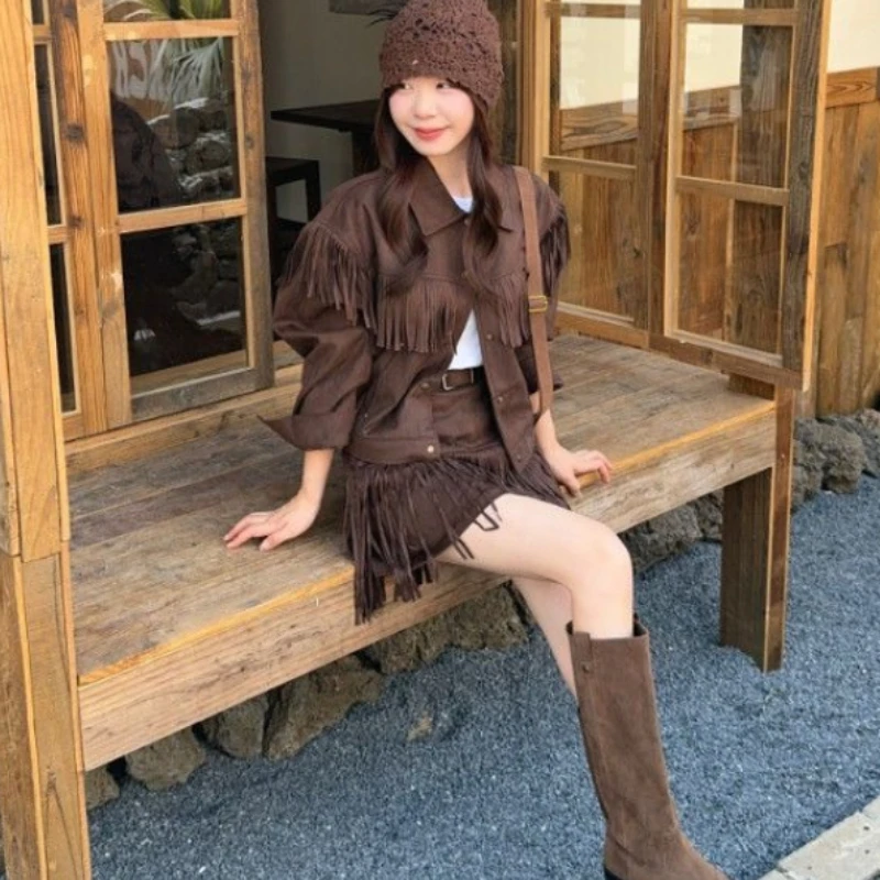 

Юбки и костюмы с высокой талией для женщин. Новые винтажные высококачественные бархатные кожи с бахромой из оленьей кожи. Полный комплект курток с лацканами в стиле панк.